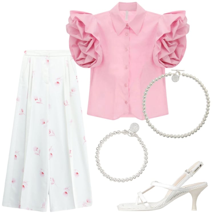 Outfit donna - La comunione di Lia. Stile Chic per Cerimonia. Abbinamento con infradito, camicie a manica corta, pantaloni a palazzo, collane, braccialetti.