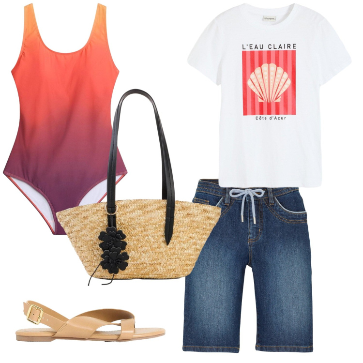 Outfit donna - Estate forever. Stile Basic per Mare. Abbinamento con bermuda, costumi interi, t-shirt, sandali, shopping bag.