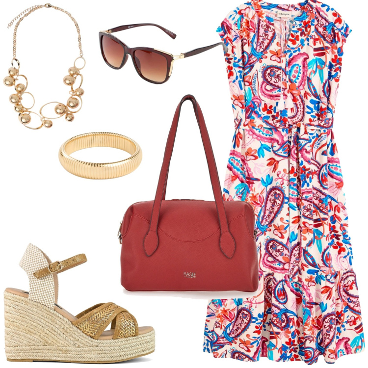 Outfit donna - Colori d\'estate. Stile Chic per Tutti i giorni. Abbinamento con vestiti chemisier, occhiali da sole, braccialetti, collane, zeppe, borse a spalla.