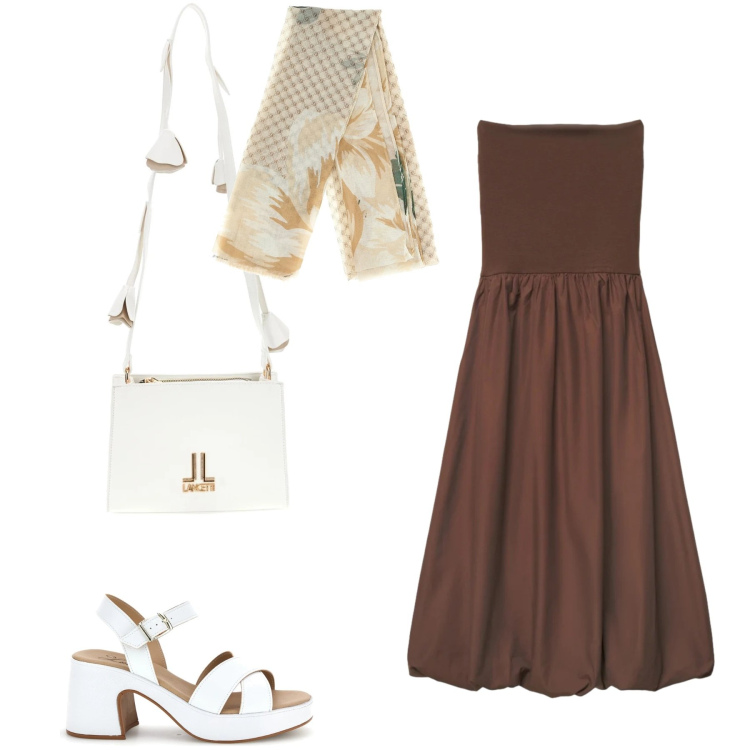 Outfit donna - Total look #2415293. Stile Boho per Tutti i giorni. Abbinamento con vestiti midi/longuette, foulard, sandali col tacco, borse a tracolla.