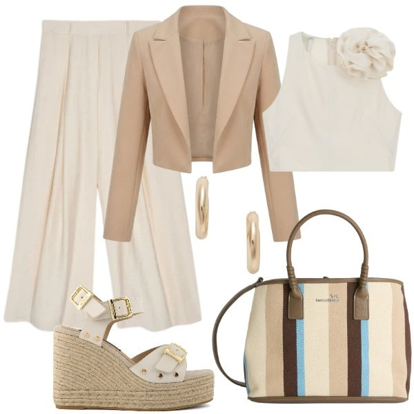 Outfit donna - Total look #2415295. Stile Casual chic per Serata fuori. Abbinamento con bolero, canottiere, shopping bag, pantaloni a palazzo, orecchini, zeppe.