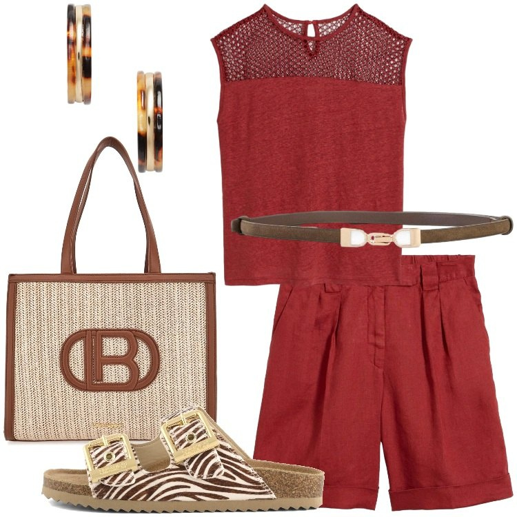 Outfit donna - Lino e leggerezza. Stile Basic per Tutti i giorni. Abbinamento con bermuda, canottiere, cinture, orecchini, borse a spalla, sandali in pelle.