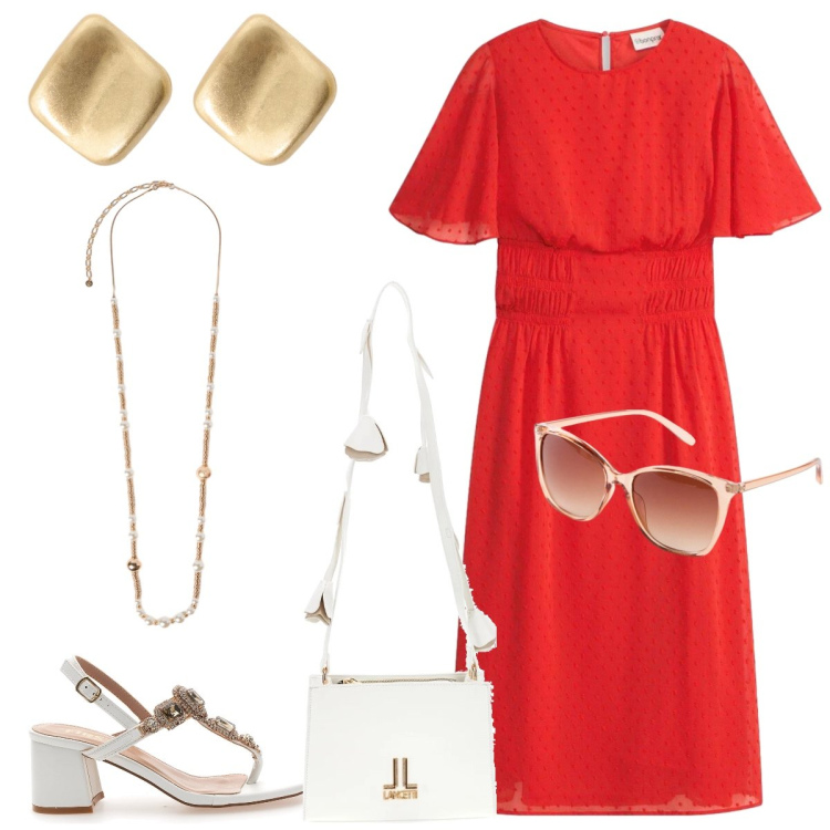 Outfit donna - Total look #2415297. Stile Chic per Tutti i giorni. Abbinamento con vestiti midi/longuette, occhiali da sole, orecchini, collane, sandali gioiello, borse a tracolla.