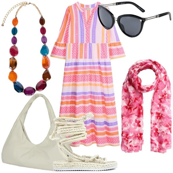 Outfit donna - Stile retrò. Stile Glamour per Tutti i giorni. Abbinamento con occhiali da sole, vestiti lunghi, foulard, collane, borse a spalla, sandali.