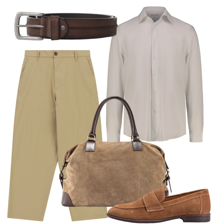 Outfit uomo - Viaggio in casual mood. Stile Casual per Tutti i giorni. Abbinamento con cinture, pantaloni, borse sportive, scarpe stringate, camicie.
