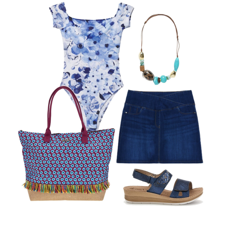 Outfit donna - Giugno. Stile Trendy per Tutti i giorni. Abbinamento con top, minigonne, collane, sandali, borse a spalla.