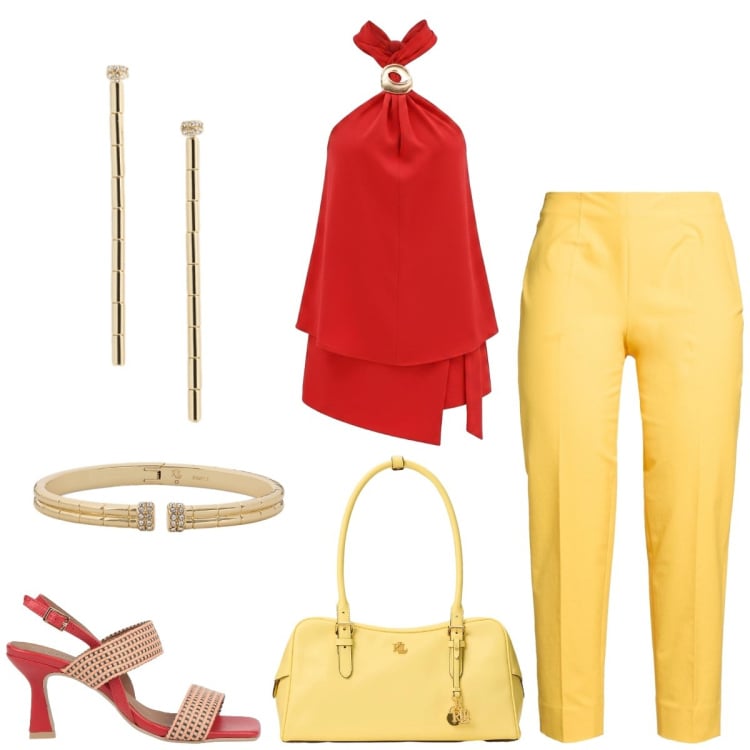 Outfit donna - Total look #2415324. Stile Chic per Tutti i giorni. Abbinamento con pantaloni, sandali in pelle, top, borse a mano, orecchini, braccialetti.