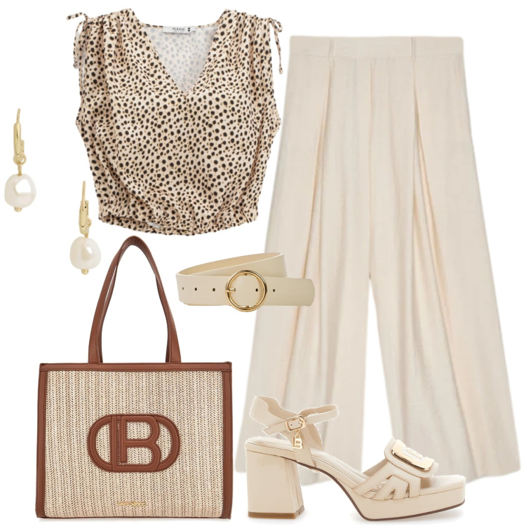 Outfit donna - Leggerezza del lino in estate. Stile Casual chic per Serata fuori. Abbinamento con cinture, top, pantaloni a palazzo, orecchini, sandali col tacco, borse a spalla.