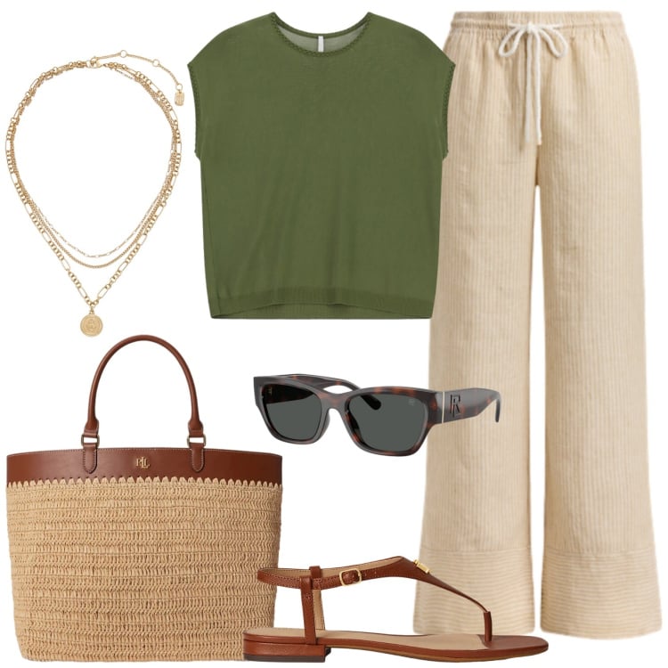 Outfit donna - Pantaloni in lino. Stile Casual chic per Tutti i giorni. Abbinamento con top, ciondoli, pantaloni, borse tote, sandali in pelle, occhiali da sole.