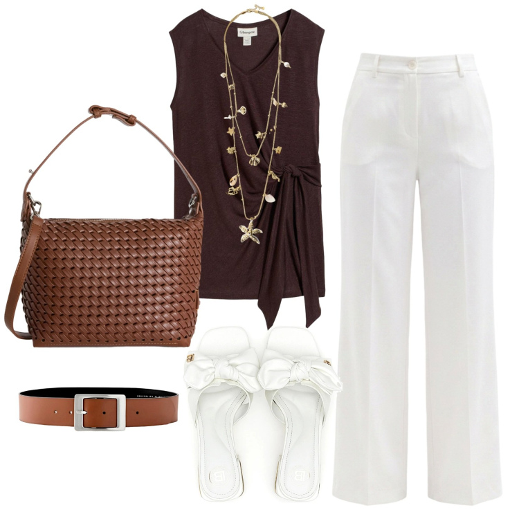Outfit donna - Lino bianco must have. Stile Casual chic per Ufficio. Abbinamento con canottiere, cinture, pantaloni, collane, borse a spalla, ciabatte.