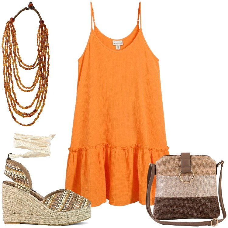 Outfit donna - Etnica. Stile Boho per Tutti i giorni. Abbinamento con borse a tracolla, vestiti, collane, zeppe.