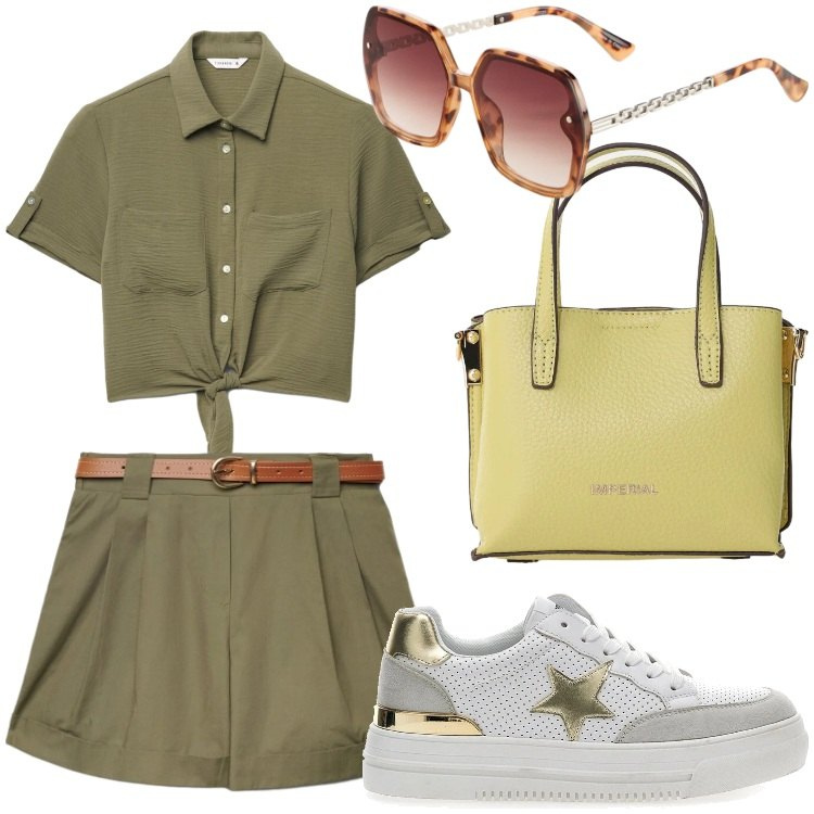 Outfit donna - Coloniale. Stile Casual per Tutti i giorni. Abbinamento con occhiali da sole, camicie a manica corta, shorts, borse a tracolla, sneakers.