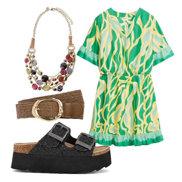 Outfit donna - Sandali + abito fluido. Stile Trendy per Tutti i giorni. Abbinamento con vestiti, cinture, collane, sandali.