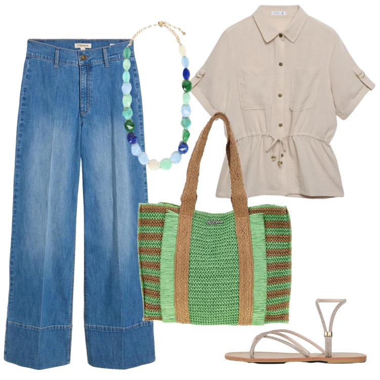 Outfit donna - Blusa in lino. Stile Basic per Tutti i giorni. Abbinamento con jeans, sandali, camicie a manica corta, collane, borse a spalla.