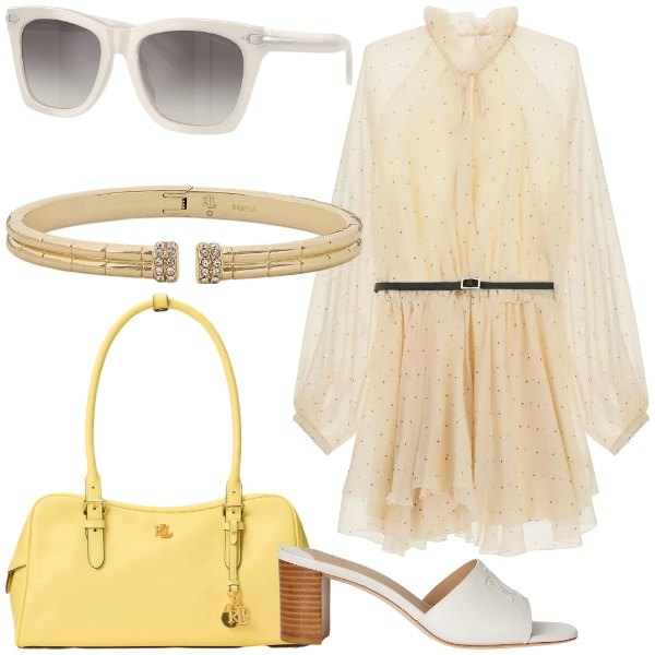 Outfit donna - Estate vintage. Stile Glamour per Serata fuori. Abbinamento con vestiti corti, occhiali da sole, sandali in pelle, borse a mano, braccialetti.