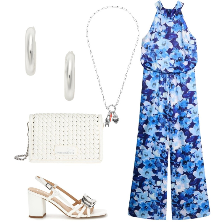 Outfit donna - Total look #2415342. Stile Chic per Tutti i giorni. Abbinamento con tute, borse a tracolla, ciondoli, orecchini, sandali in pelle.