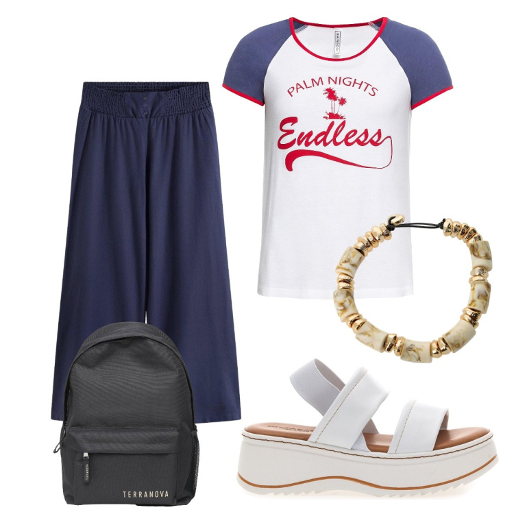 Outfit donna - Sandali + pantaloni Lino. Stile Sporty chic per Scuola/Università. Abbinamento con t-shirt, pantaloni, zaini, braccialetti, sandali in pelle.