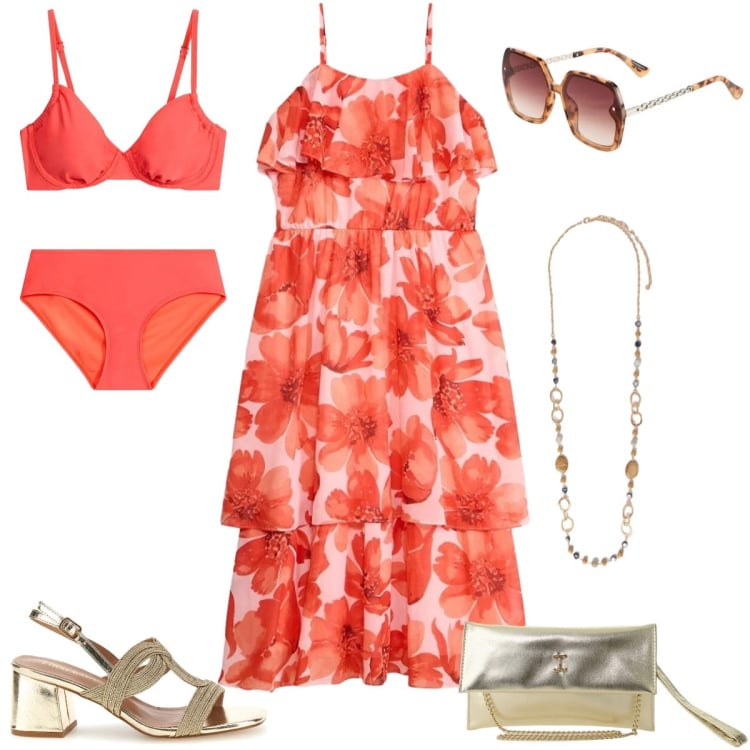 Outfit donna - Colori d\'estate - Focus donna curvy. Stile Casual chic per Mare. Abbinamento con vestiti, occhiali da sole, bikini, borse a tracolla, collane, sandali col tacco.