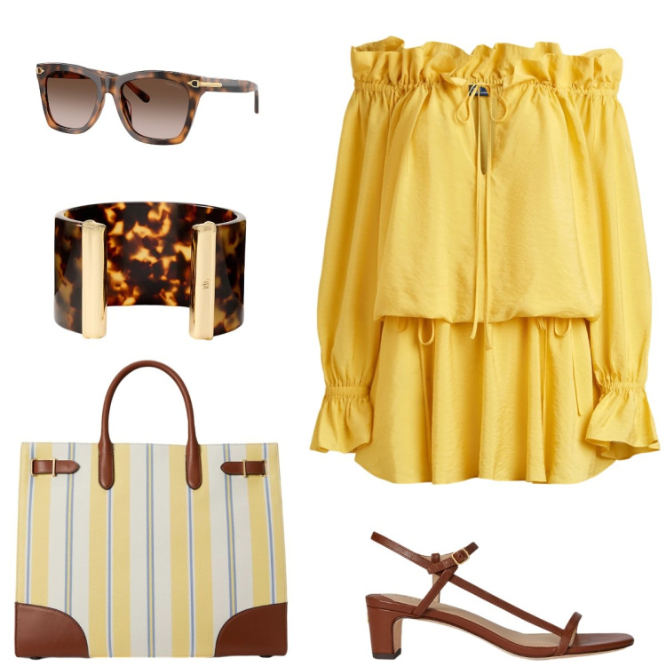 Outfit donna - Total look #2415345. Stile Casual chic per Tutti i giorni. Abbinamento con vestiti, sandali in pelle, borse tote, braccialetti, occhiali da sole.