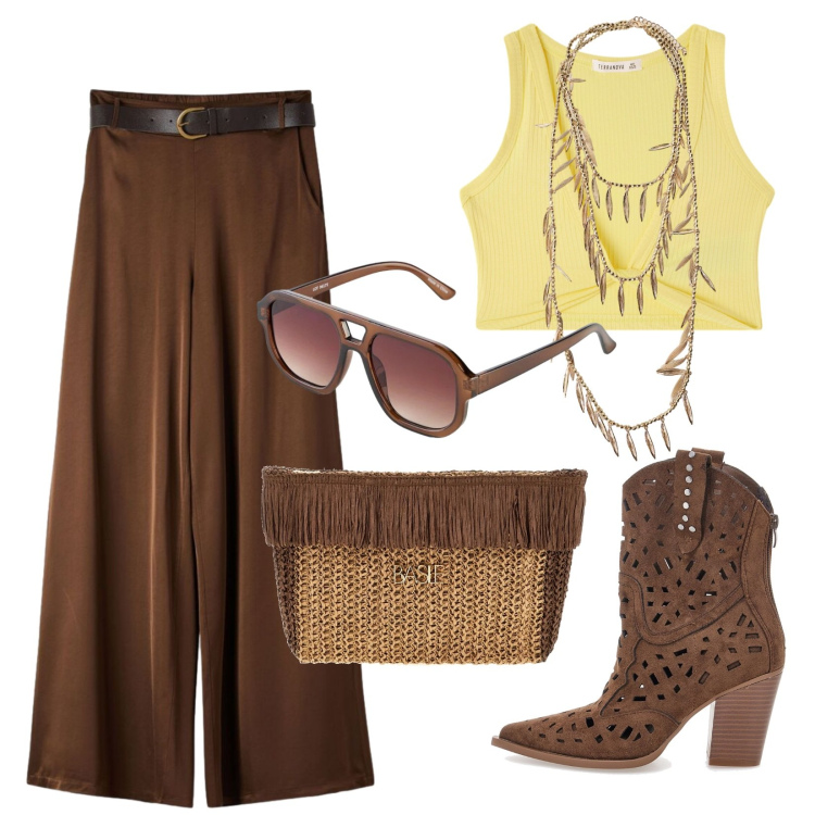 Outfit donna - Stile retrò. Stile 70s per Tutti i giorni. Abbinamento con occhiali da sole, top, pantaloni, collane, stivaletti texani, pochette.