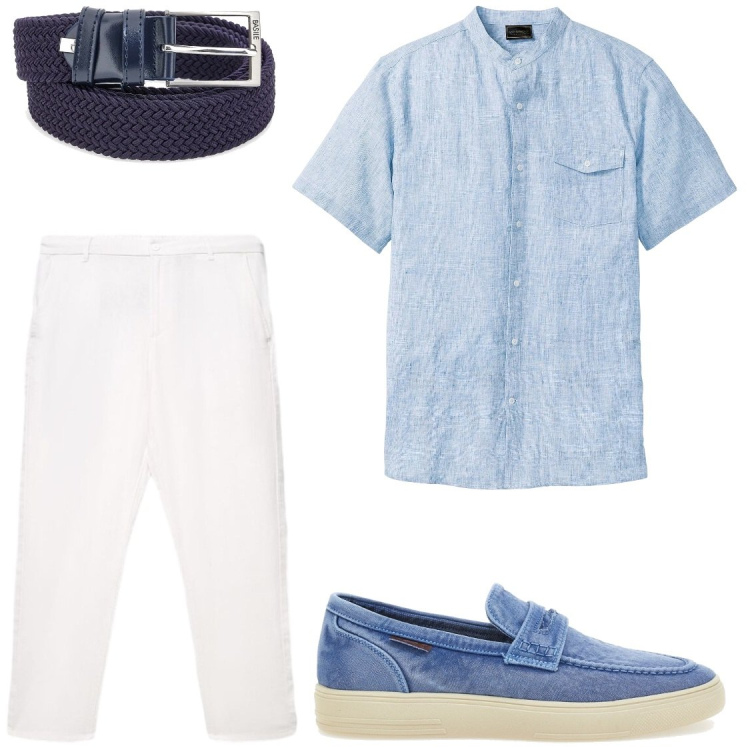 Outfit uomo - Serate estive. Stile Trendy per Serata speciale. Abbinamento con camicie a manica corta, pantaloni, cinture, scarpe stringate.