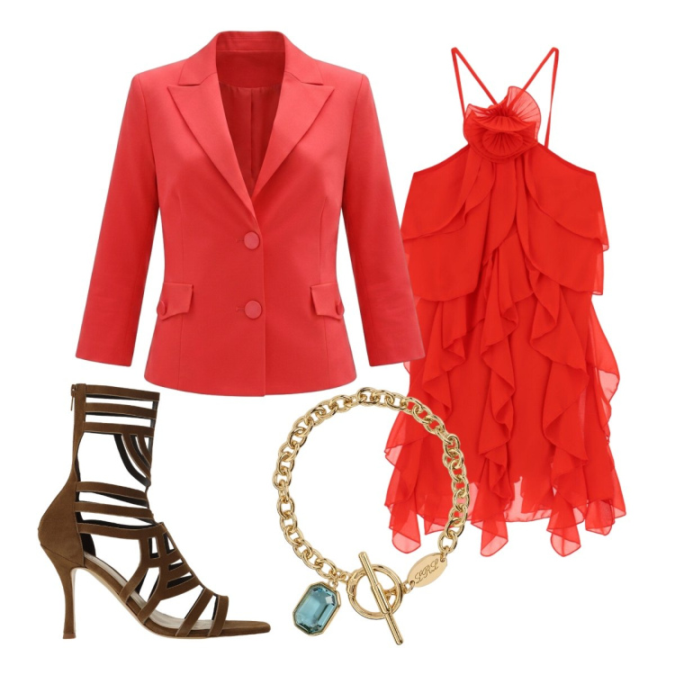 Outfit donna - Less Straps, More Style. Stile Chic per Serata fuori. Abbinamento con blazer, vestiti corti, sandali col tacco, braccialetti.