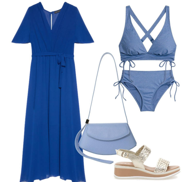 Outfit donna - Abiti fluidi sotto il sole - Curvy. Stile Casual chic per Mare. Abbinamento con bikini, borse a spalla, vestiti lunghi, sandali.