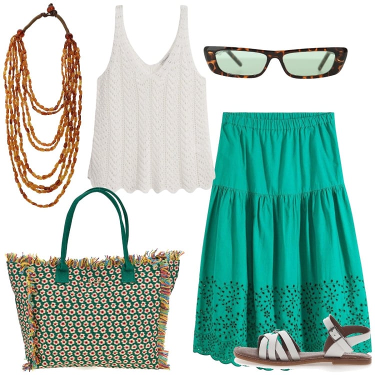 Outfit donna - Total look #2415353. Stile Boho per Tutti i giorni. Abbinamento con gonne longuette, canottiere, occhiali da sole, collane, shopping bag, sandali col tacco.