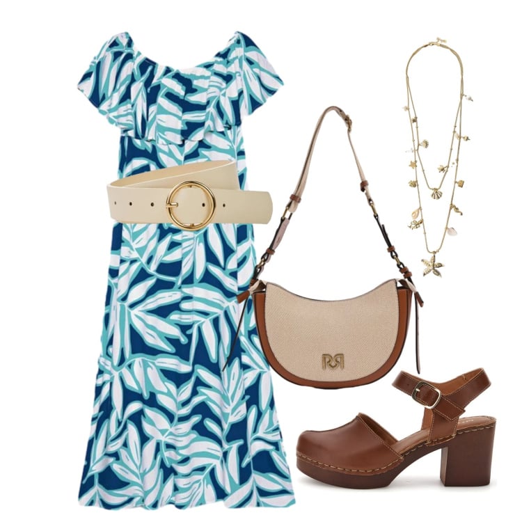 Outfit donna - Giugno. Stile Trendy per Tutti i giorni. Abbinamento con cinture, borse a tracolla, collane, vestiti lunghi, zoccoli.