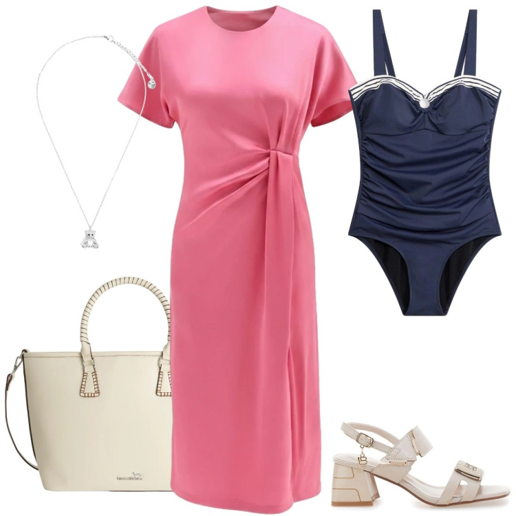Outfit donna - Colori d\'estate - Curvy. Stile Casual chic per Mare. Abbinamento con costumi interi, shopping bag, ciondoli, vestiti midi/longuette, sandali col tacco.