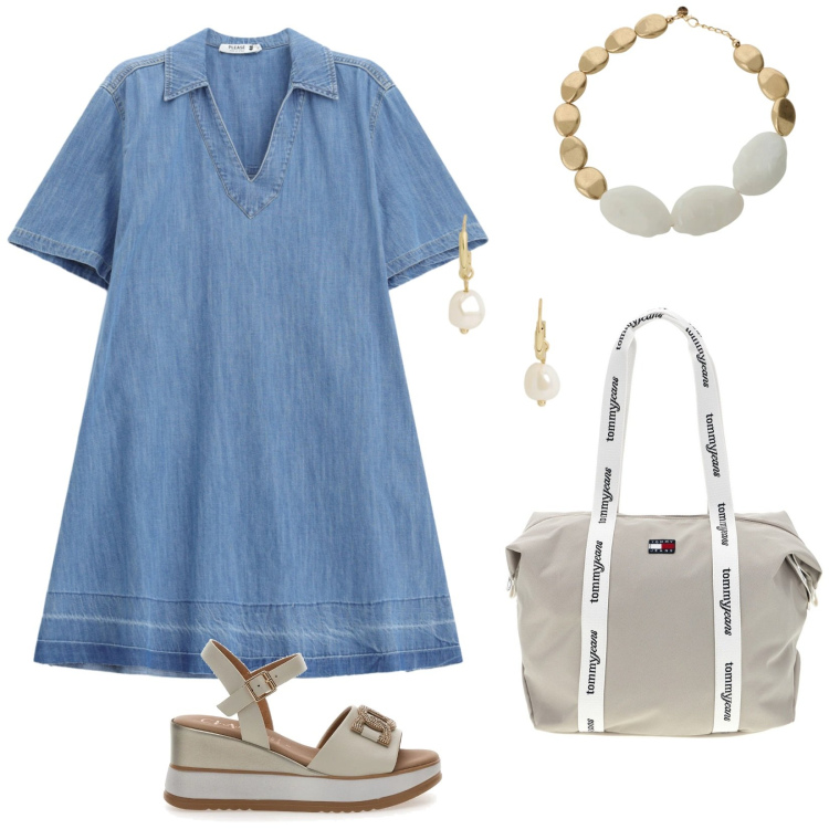 Outfit donna - Un po\' di estate estate, Please!. Stile Casual per Tutti i giorni. Abbinamento con vestiti corti, collane, orecchini, sandali col tacco, shopping bag.