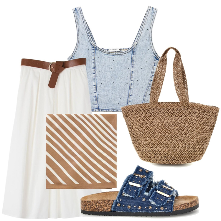 Outfit donna - Look urban. Stile Basic per Tutti i giorni. Abbinamento con gonne longuette, canottiere, foulard, ciabatte, borse a spalla.