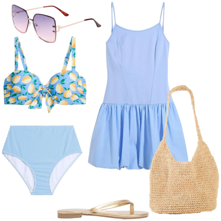 Outfit donna - Giugno in costiera. Stile Casual chic per Mare. Abbinamento con vestiti corti, bikini, bikini, sandali, shopping bag, occhiali da sole.