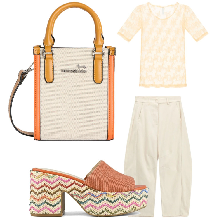Outfit donna - I pantaloni in lino. Stile Casual chic per Ufficio. Abbinamento con pantaloni, t-shirt, borse tote, sandali.