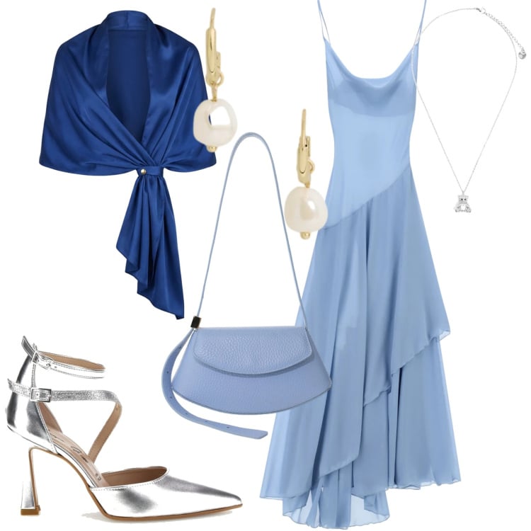 Outfit donna - Elegante per la festa. Stile Chic per Cerimonia. Abbinamento con stole, vestiti lunghi, borse a spalla, ciondoli, orecchini, décolleté.