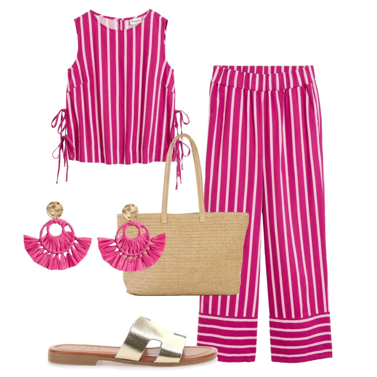 Outfit donna - Fucsia in città. Stile Trendy per Tutti i giorni. Abbinamento con canottiere, orecchini, shopping bag, pantaloni, ciabatte.