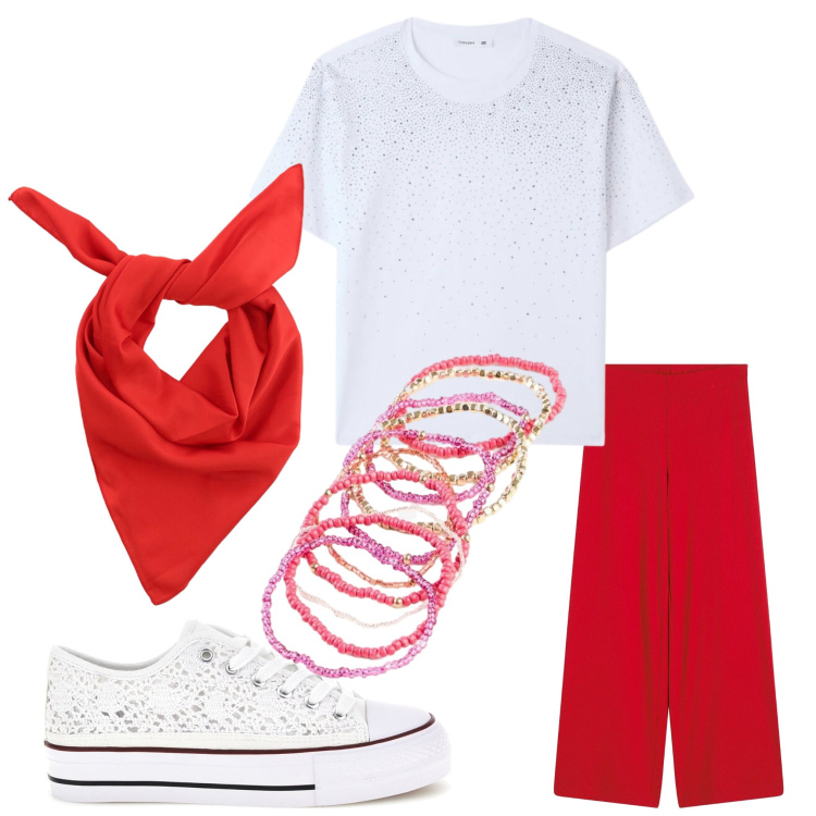 Outfit donna - Rosso in estate. Stile Casual per Tutti i giorni. Abbinamento con pantaloni a palazzo, braccialetti, t-shirt, foulard, sneakers.