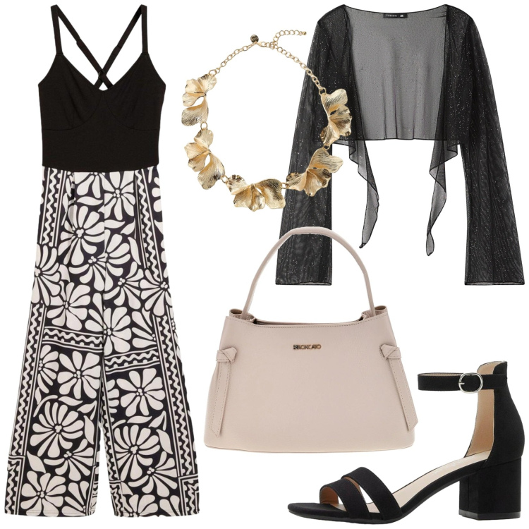 Outfit donna - Total look #2415368. Stile Romantica per Serata fuori. Abbinamento con tute, sandali col tacco, blazer, collane, borse a tracolla.