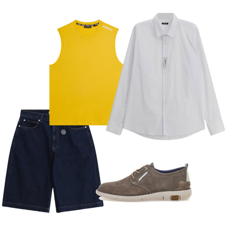Outfit uomo - Camicie aperte e layering leggero. Stile Casual per Tutti i giorni. Abbinamento con camicie, bermuda, canottiere, scarpe stringate.