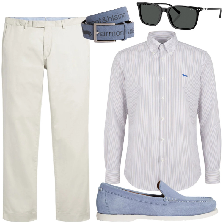 Outfit uomo - estate. Stile Business/Elegante per Tutti i giorni. Abbinamento con cinture, camicie, pantaloni chino, scarpe stringate, occhiali da sole.