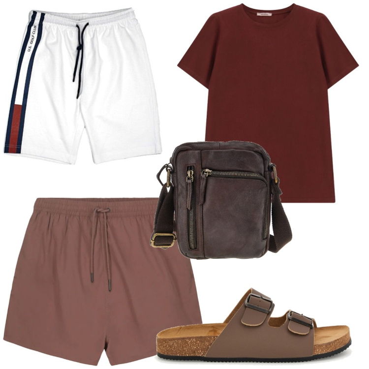 Outfit uomo - Total look #2415373. Stile Casual per Mare. Abbinamento con t-shirt, costumi, pantaloni corti, borse sportive, sandali.