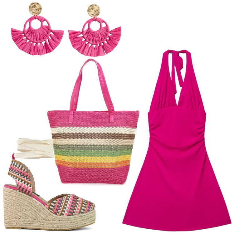Outfit donna - Colori d\'estate. Stile Casual per Tutti i giorni. Abbinamento con orecchini, vestiti corti, zeppe, shopping bag.