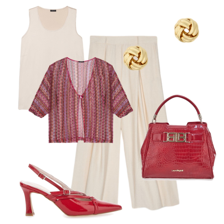 Outfit donna - Colore in ufficio. Stile Glamour per Ufficio. Abbinamento con canottiere, pantaloni a palazzo, kimono, orecchini, décolleté, borse a mano.