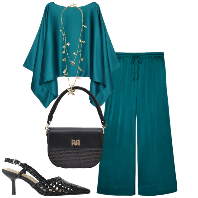 Outfit donna - Serata. Stile Casual chic per Serata fuori. Abbinamento con borse a spalla, canottiere, décolleté, collane, cappe, pantaloni.