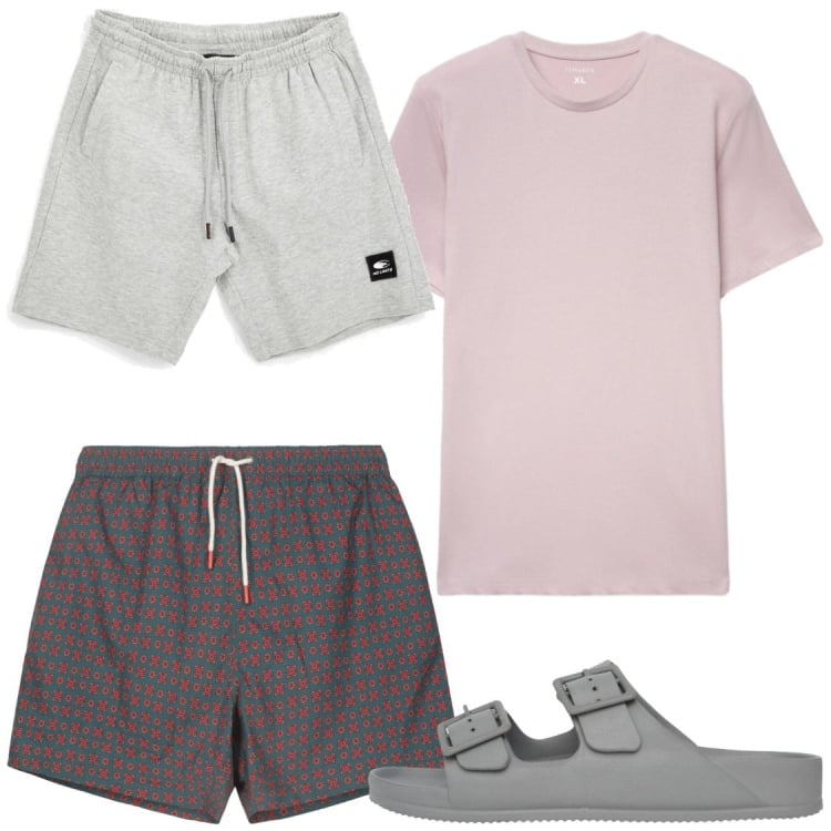 Outfit uomo - Total look #2415380. Stile Casual per Mare. Abbinamento con sandali, t-shirt, costumi, bermuda.