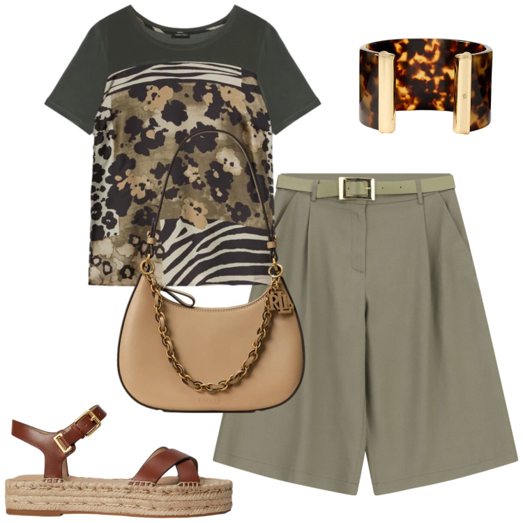 Outfit donna - City. Stile Urban per Tutti i giorni. Abbinamento con bermuda, t-shirt, espadrillas, borse a spalla, braccialetti.