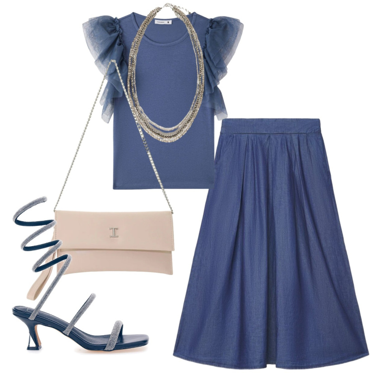 Outfit donna - Sere di giugno. Stile Chic per Serata fuori. Abbinamento con t-shirt, gonne lunghe, borse a tracolla, collane, sandali col tacco.