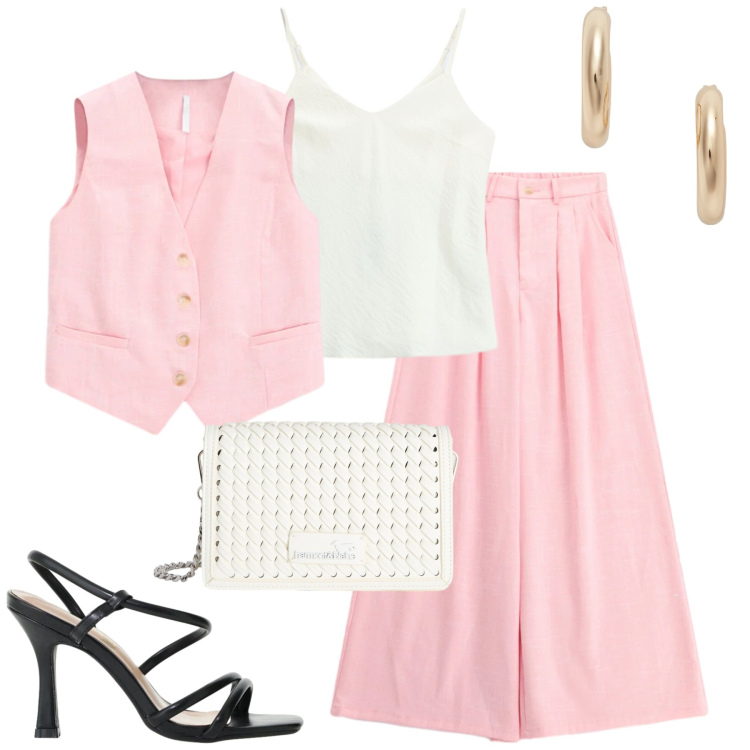 Outfit donna - Giugno. Stile Urban per Tutti i giorni. Abbinamento con pantaloni a palazzo, canottiere, sandali col tacco, gilet, borse a tracolla, orecchini.