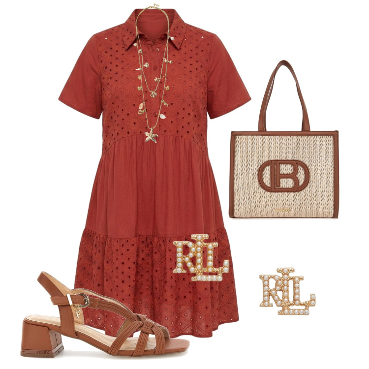 Outfit donna - Aperitivo in sangallo. Stile Casual chic per Tutti i giorni. Abbinamento con collane, vestiti corti, orecchini, borse a spalla, sandali in pelle.