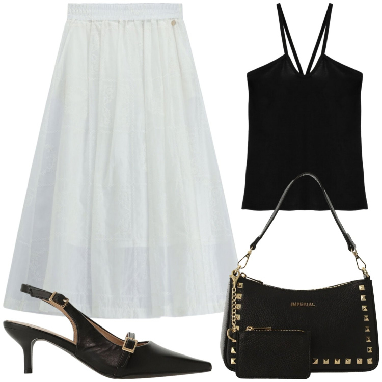 Outfit donna - Le prime sere. Stile Bon Ton per Serata fuori. Abbinamento con canottiere, borse a spalla, gonne lunghe, sandali col tacco.